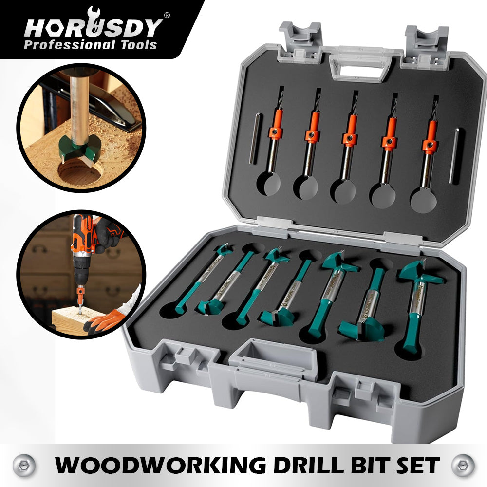 HORUSDY 12PCS Woodworking Drill Bit Set with 7 Forstner Bits and 5 Countersink Drill Bits in Storage Case for Wood, MDF, and Plywood