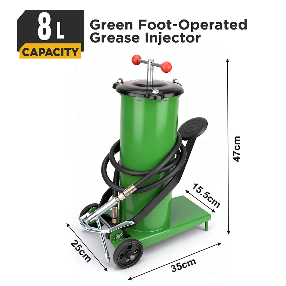 8L green foot-operated grease injector with reinforced hose and metal grease nozzle