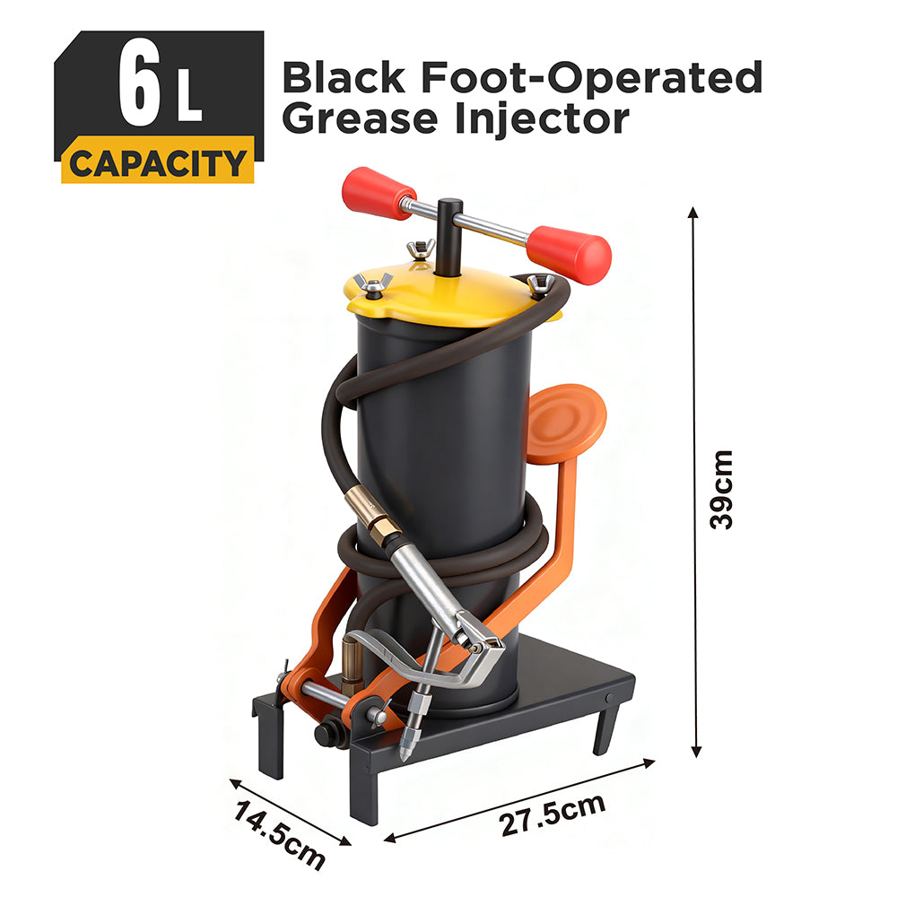 6L black foot-operated grease injector with reinforced hose and metal nozzle