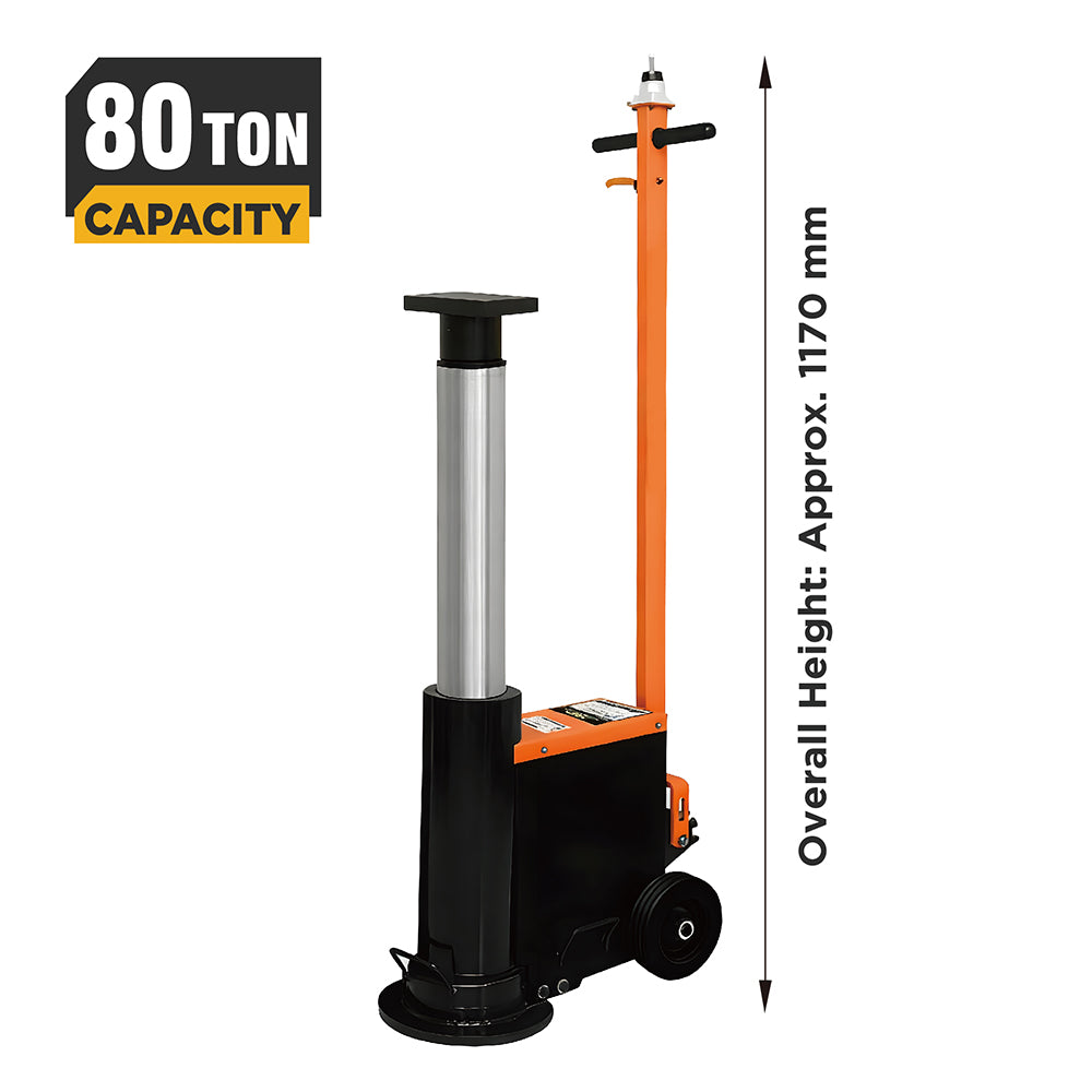 80 ton pneumatic hydraulic jack with long handle, heavy duty lift cylinder and wheels for trucks, trailers and industrial workshop lifting