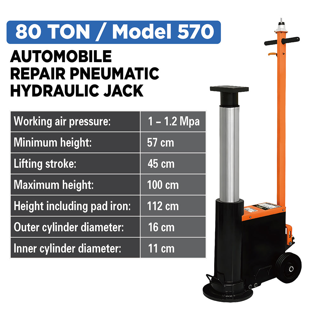 80 ton pneumatic hydraulic jack with long handle, heavy duty lift cylinder and wheels for trucks, trailers and industrial workshop lifting