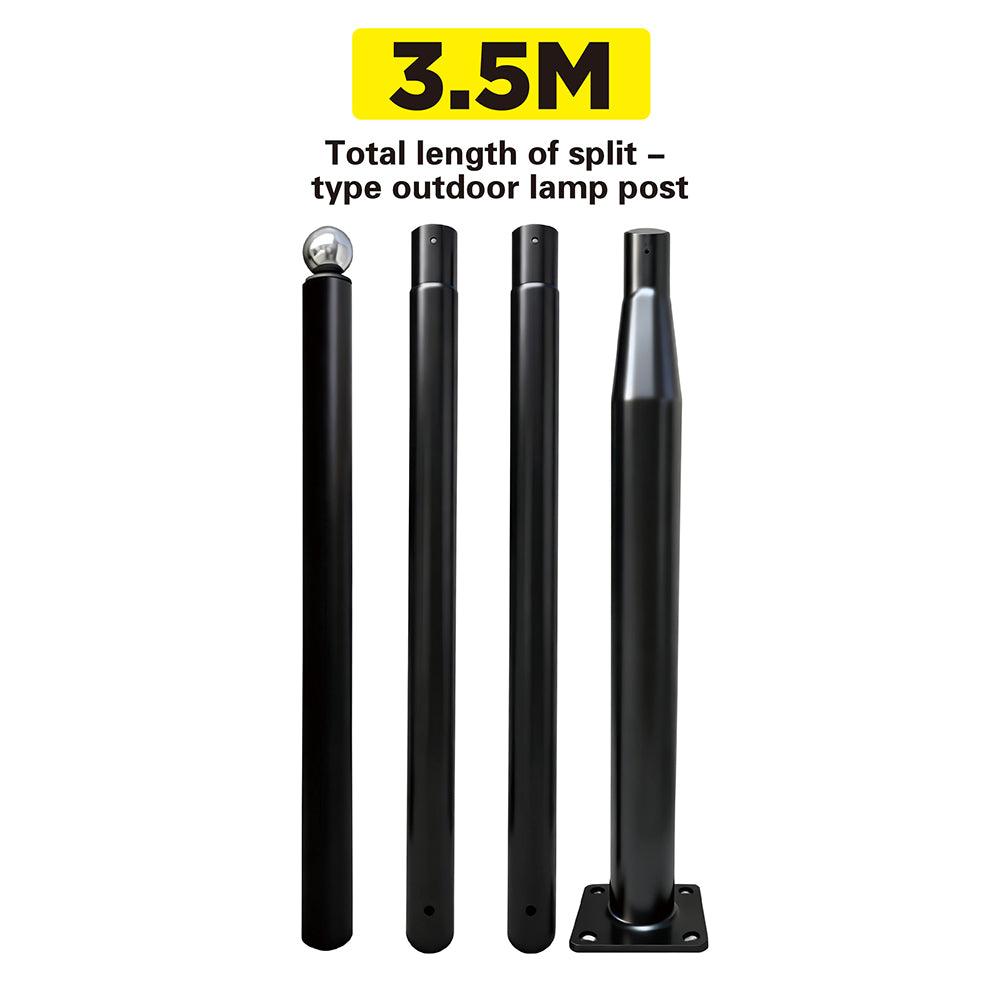 3.5m solar garden light pole with round solar lamp head, outdoor solar pathway light post, sectional black metal design for yard and garden lighting