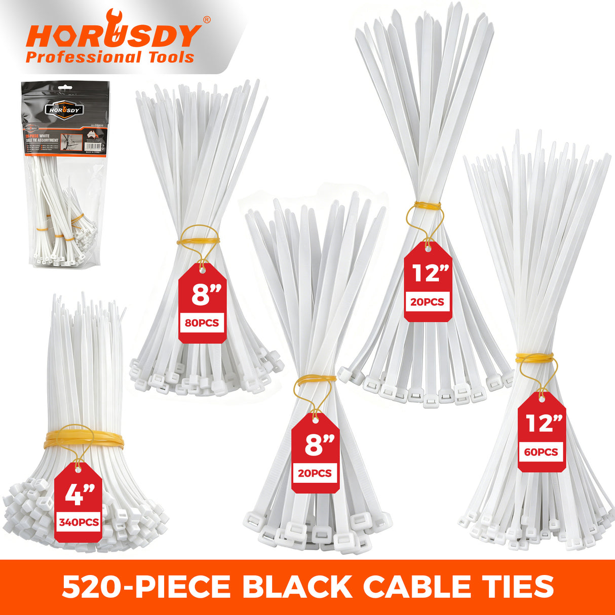 520-piece white nylon cable ties assortment in 4, 8 and 12 inch sizes with self-locking design for cable management