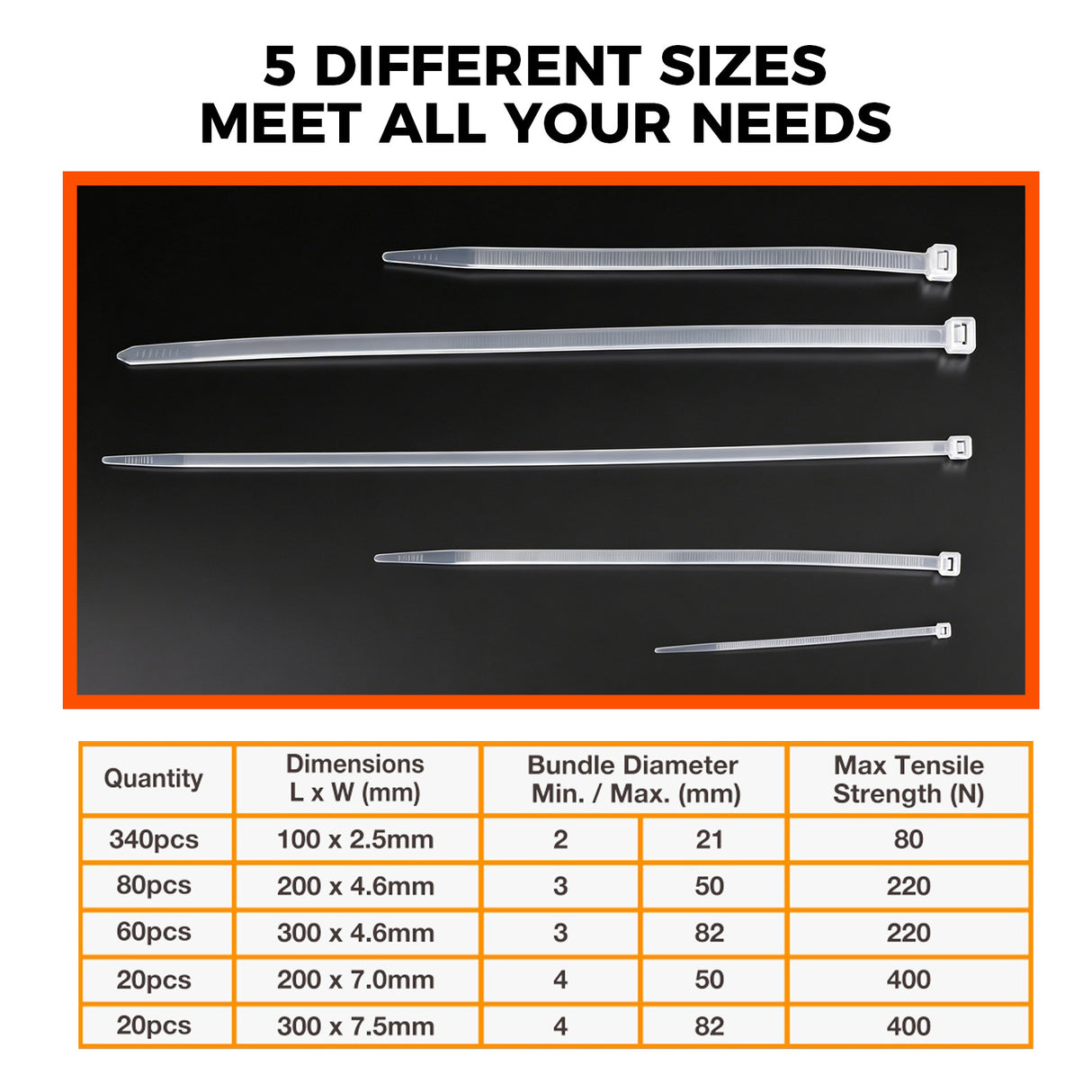 520-piece white nylon cable ties assortment in 4, 8 and 12 inch sizes with self-locking design for cable management