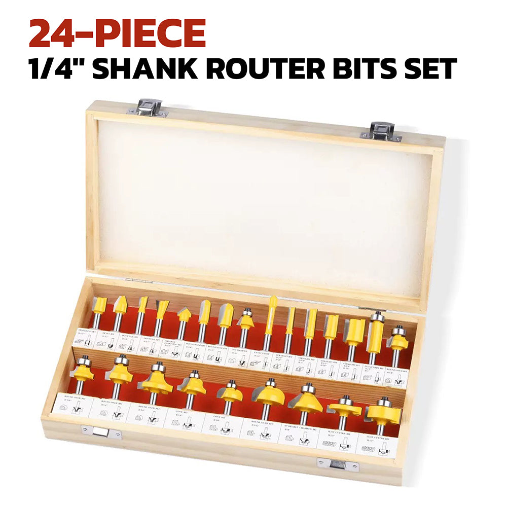 24-piece 1/4 inch shank router bits set in wooden storage case with straight, flush trim, round over, cove, chamfer, dovetail, mortising, slot cutter and grooving bits for woodworking