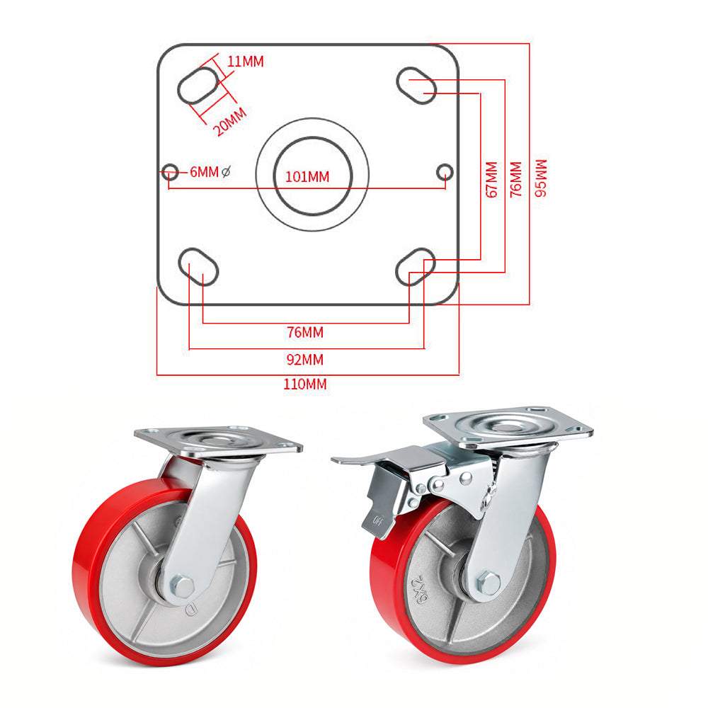 6 inch heavy duty swivel caster wheel with red PU iron core wheel, steel plate mount and brake or no-brake options