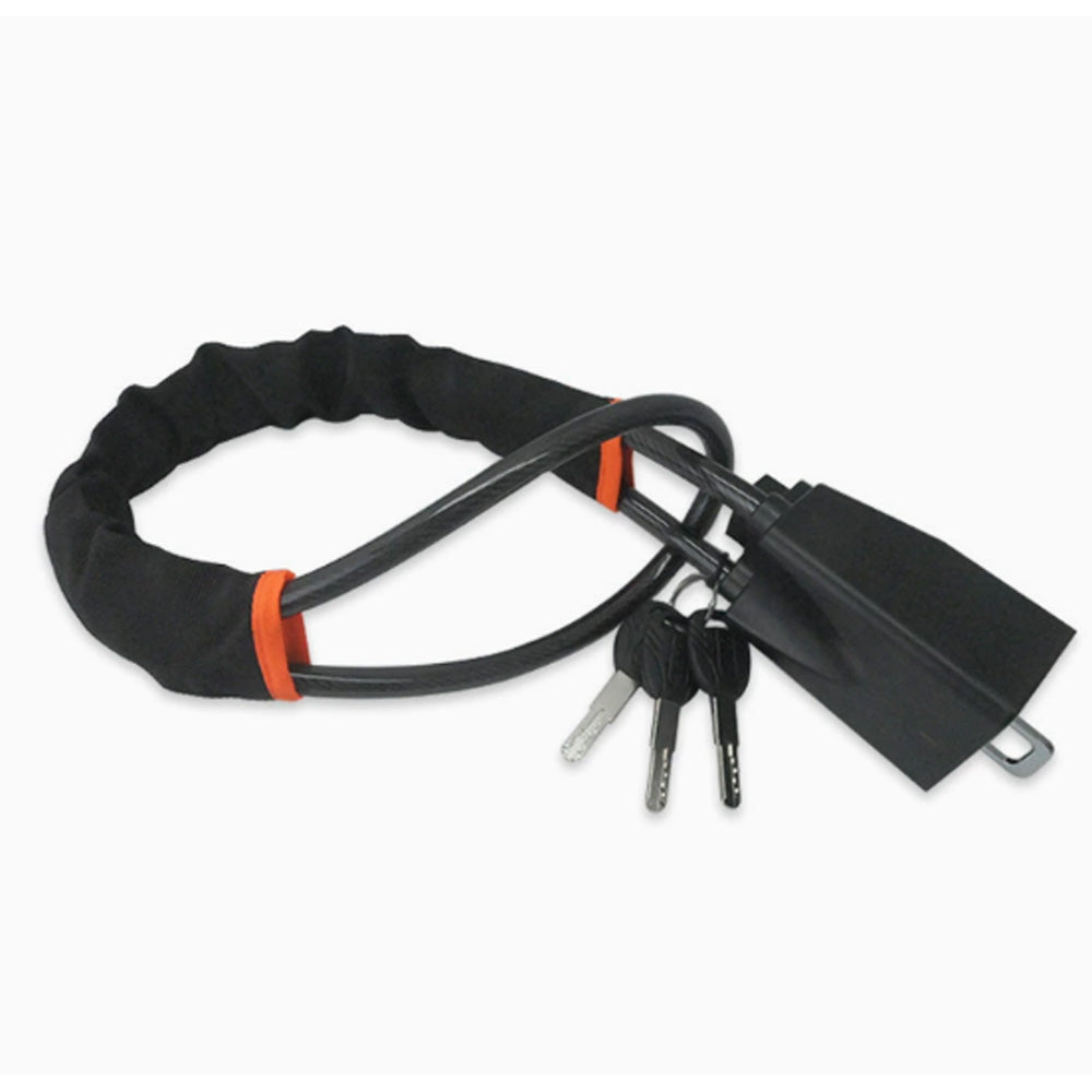 car steering wheel lock anti-theft device with flexible locking cable, covered steering wheel loop, keyed lock body and multiple color options including black, orange, blackish orange and red