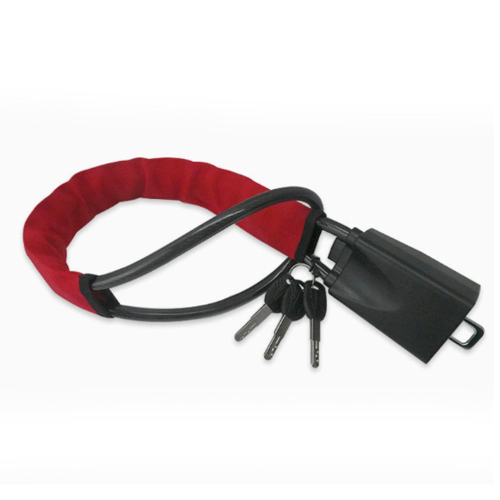 car steering wheel lock anti-theft device with flexible locking cable, covered steering wheel loop, keyed lock body and multiple color options including black, orange, blackish orange and red