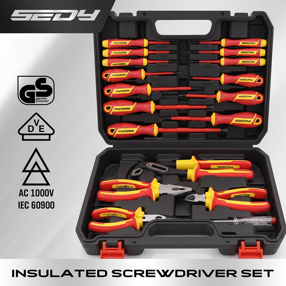 18-piece insulated electrician tool set with 1000V VDE screwdrivers, insulated pliers, voltage tester and storage case