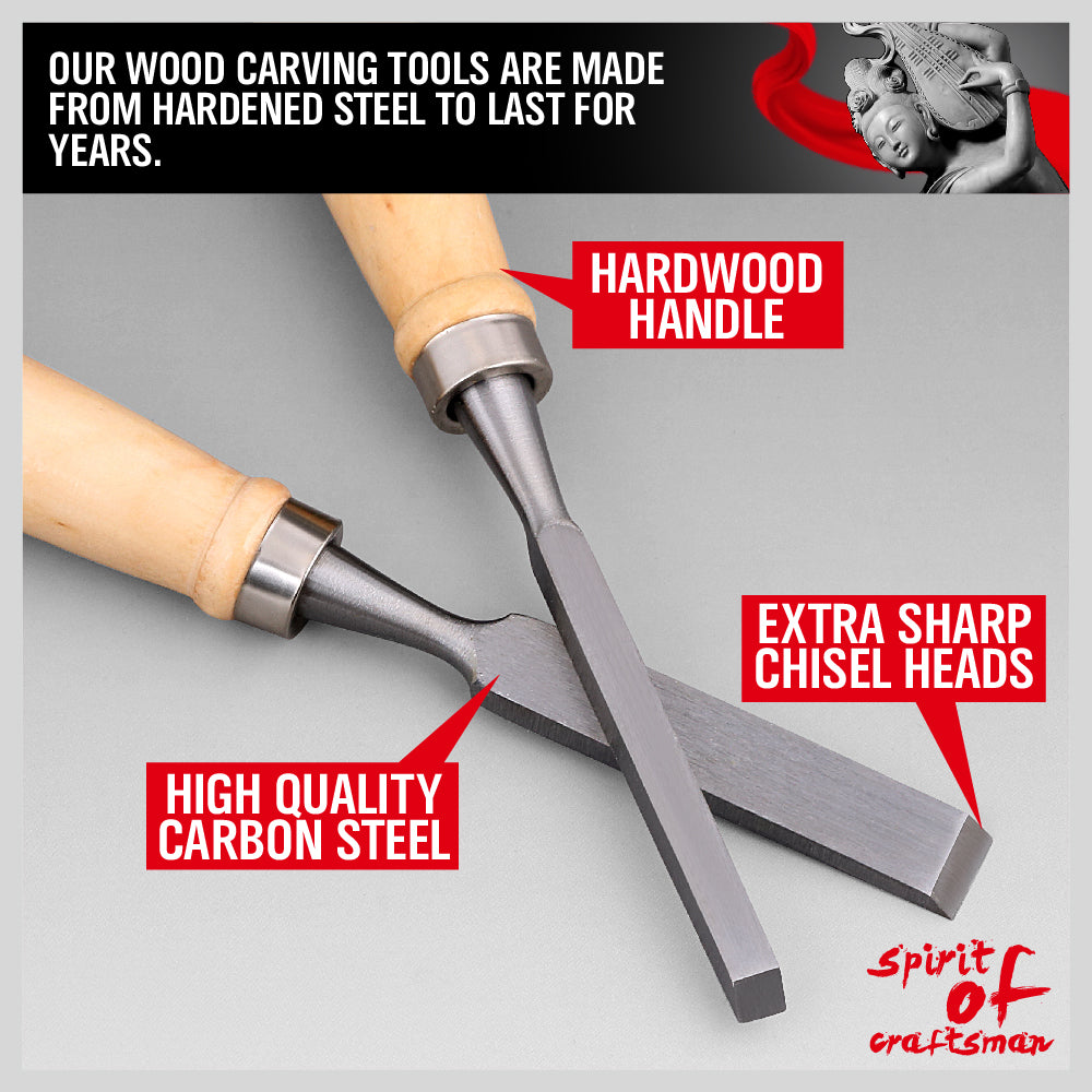 HORUSDY 12-Piece Wood Carving Chisel Set, 8-Inch Carbon Steel Woodworking Tools with Hardwood Handles & Carrying Case
