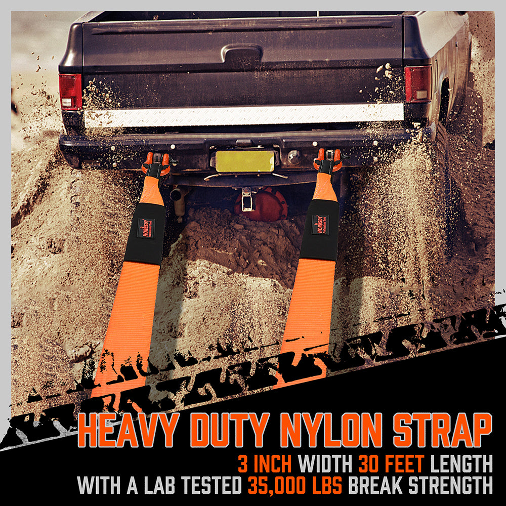 35,000 lbs heavy duty tow strap recovery kit with 3 inch x 30 ft nylon recovery strap, 2 D-ring shackles and storage bag