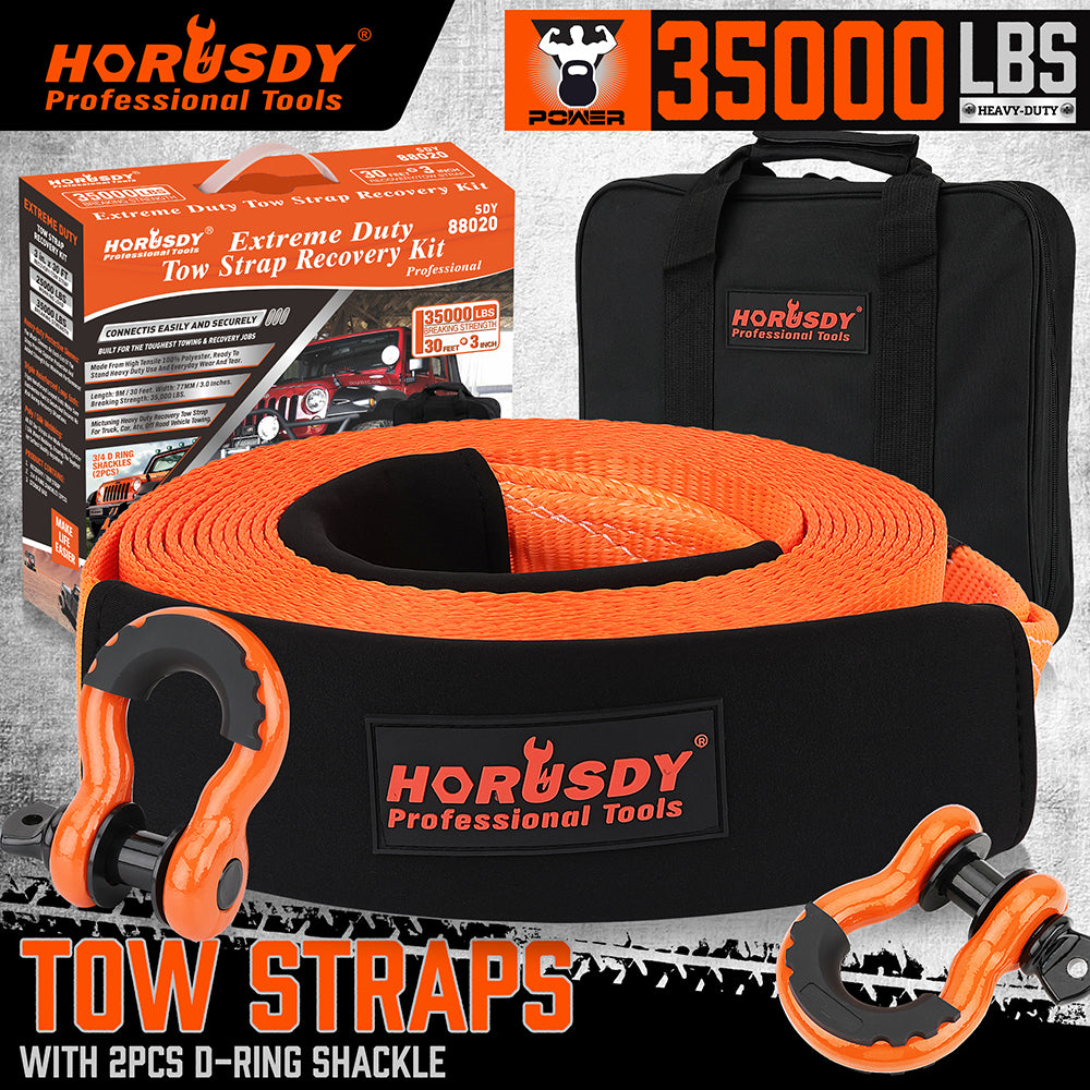 35,000 lbs heavy duty tow strap recovery kit with 3 inch x 30 ft nylon recovery strap, 2 D-ring shackles and storage bag