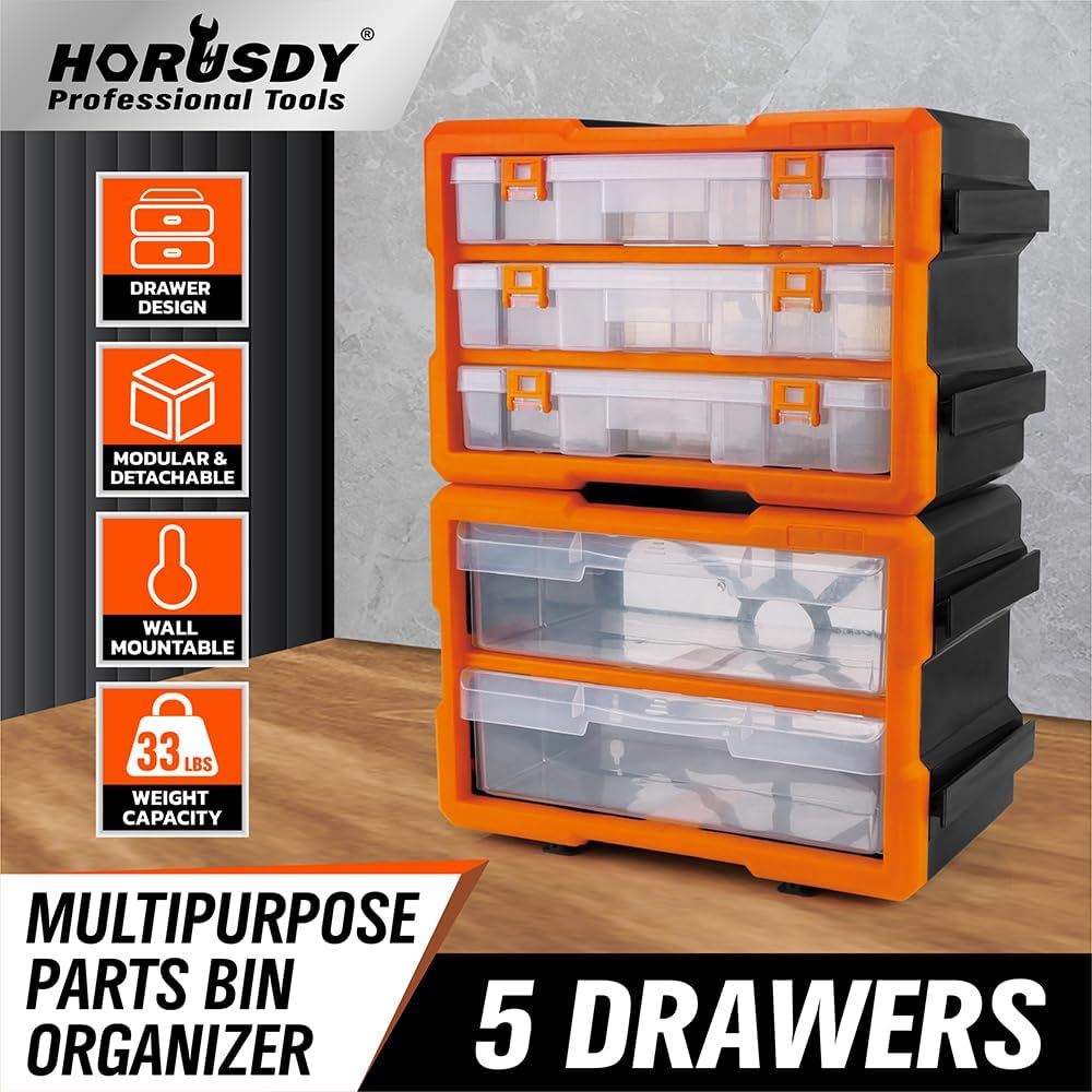 HORUSDY 5-Drawer Multipurpose Parts Bin Organizer - Modular, Stackable, Wall-Mountable with Removable Dividers | 33lb Capacity