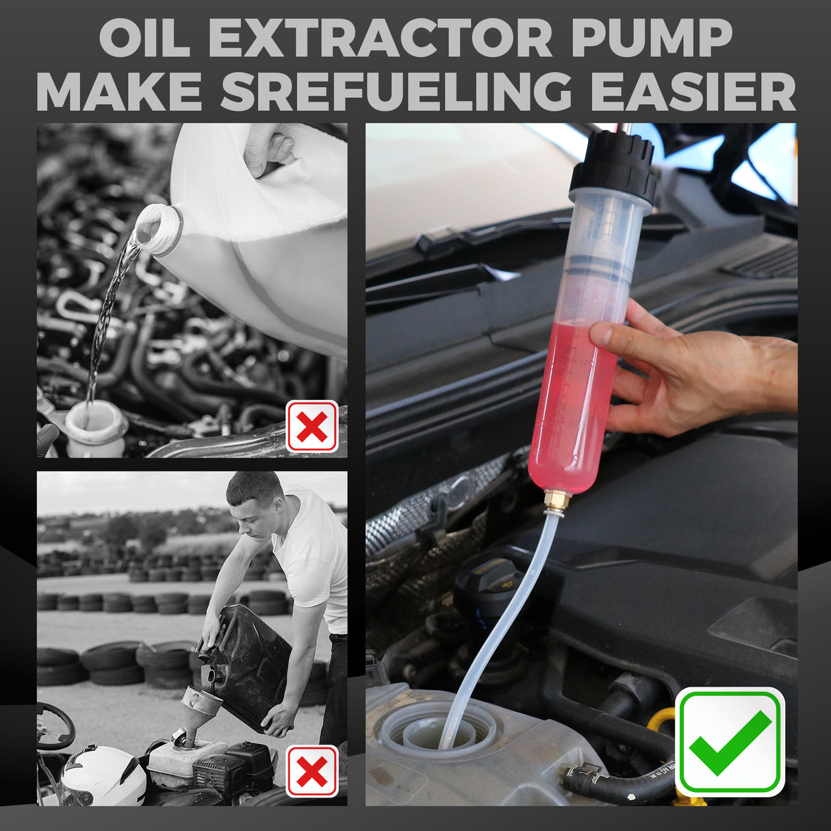 200cc fluid extractor pump with hose kit for transferring engine oil, coolant and brake fluid in automotive maintenance