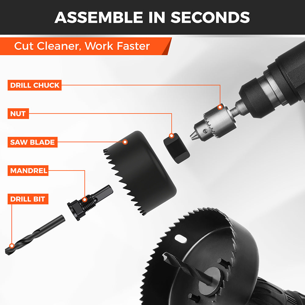 HORUSDY 8PCS Hole Saw Kit with Mandrel, Drill Bits, Hex Key and Storage Case for Wood, PVC and Plasterboard