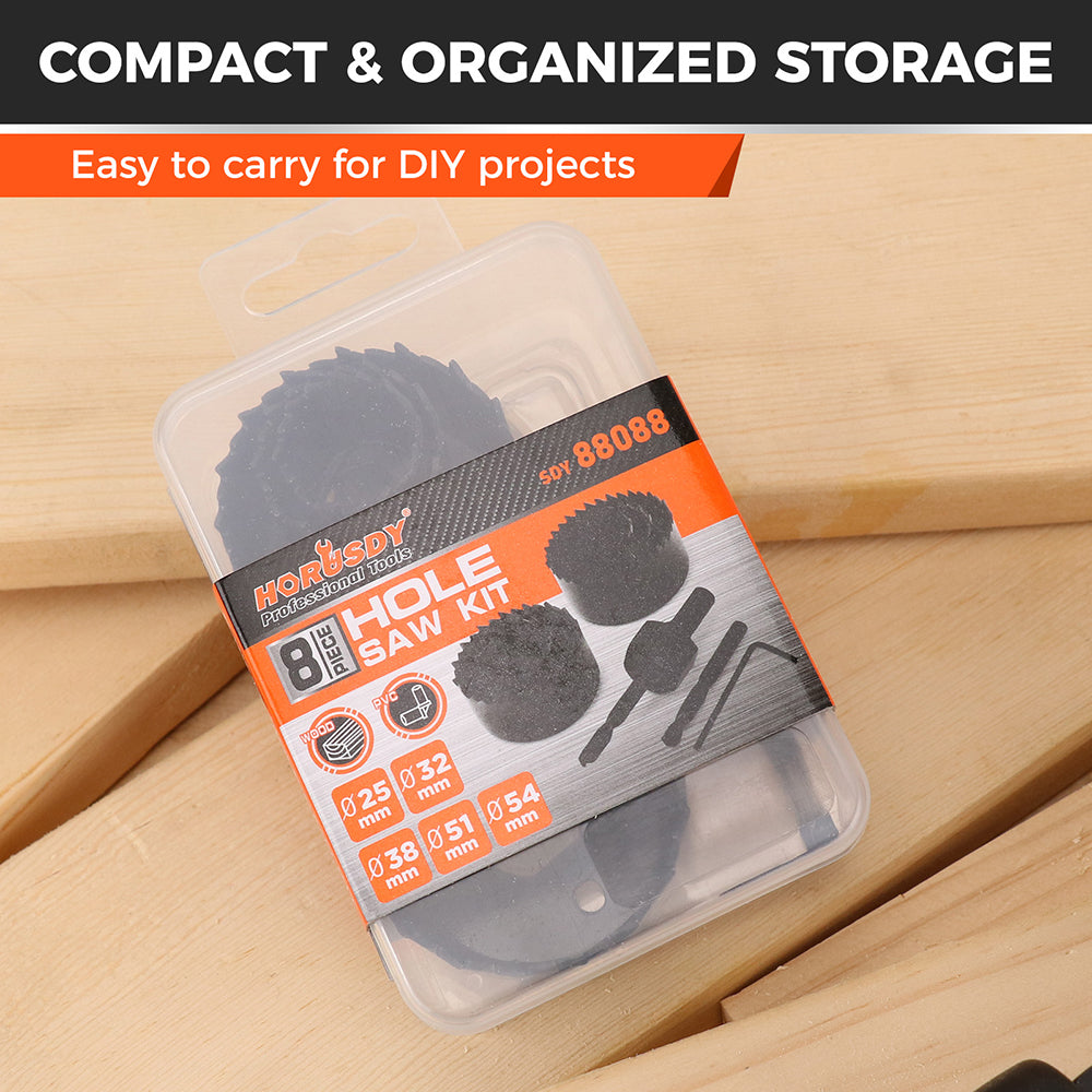 HORUSDY 8PCS Hole Saw Kit with Mandrel, Drill Bits, Hex Key and Storage Case for Wood, PVC and Plasterboard