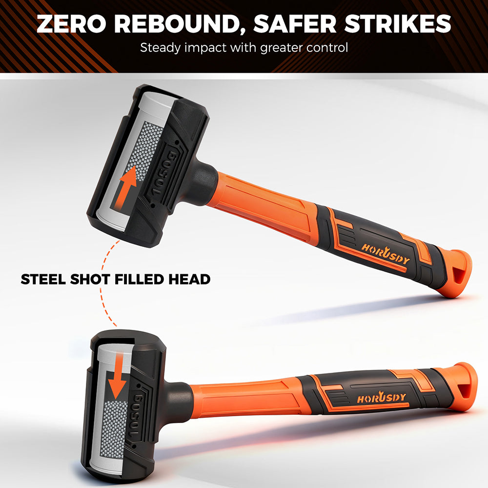 dead blow hammer set with steel shot core and fiberglass handle for controlled, zero-rebound striking