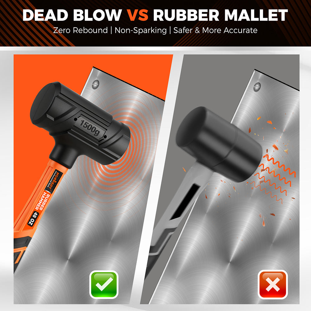 dead blow hammer set with steel shot core and fiberglass handle for controlled, zero-rebound striking