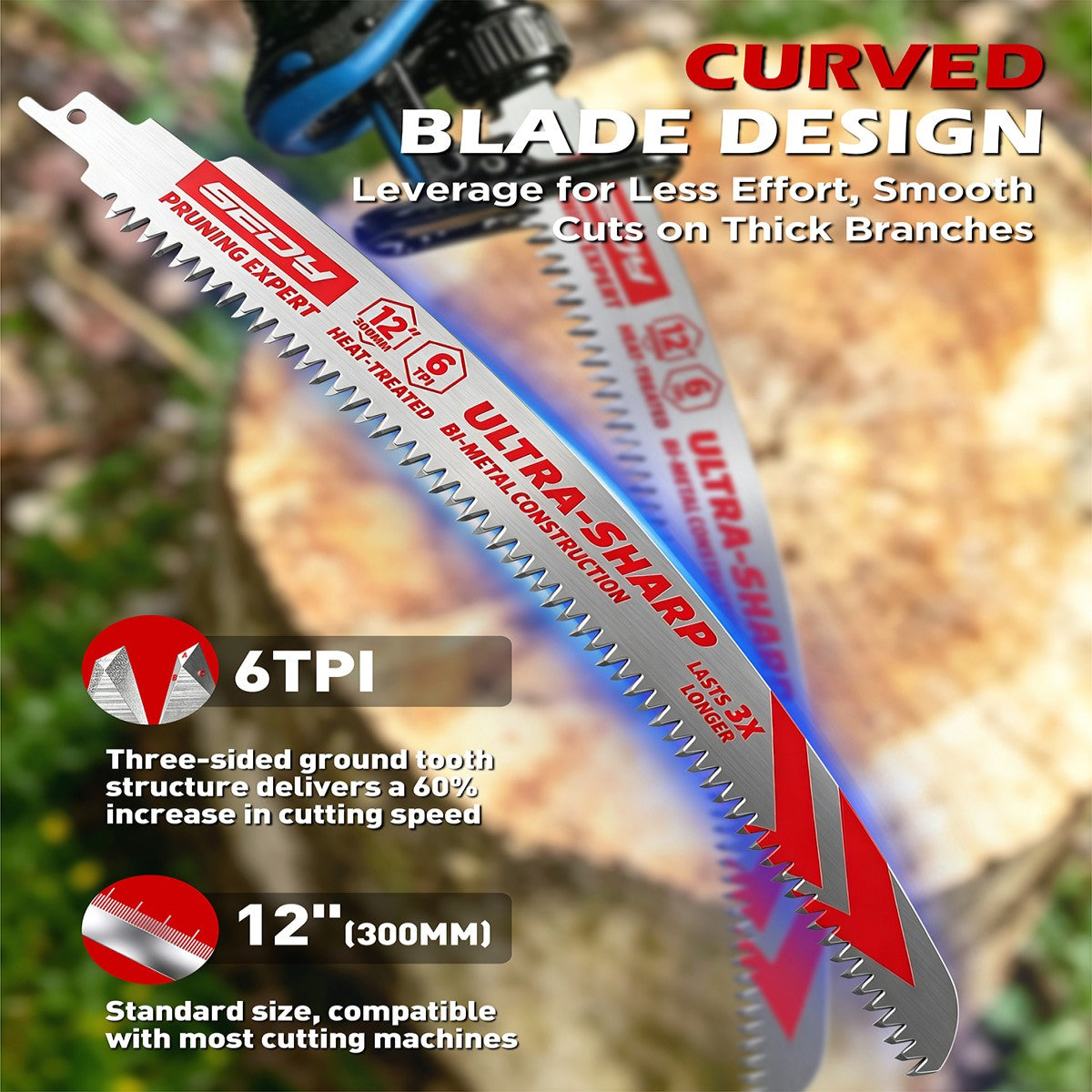 3-pack 12 inch 6 TPI curved pruning reciprocating saw blades for tree trimming, branches, green wood and wood cutting