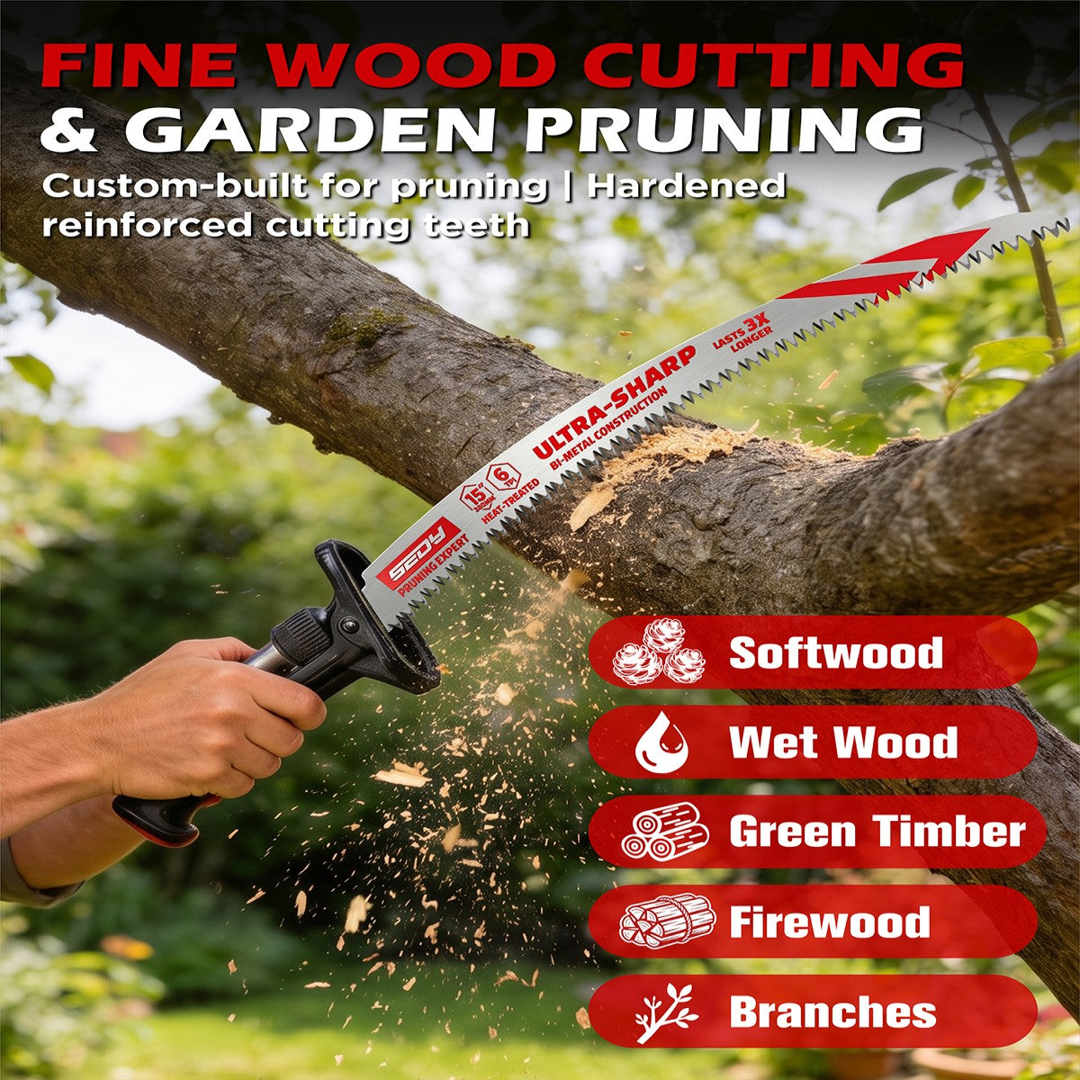 SEDY 3-Pack 15-Inch Pruning Reciprocating Saw Blades, 6 TPI Curved Bi-Metal Blades for Wood & Tree Trimming
