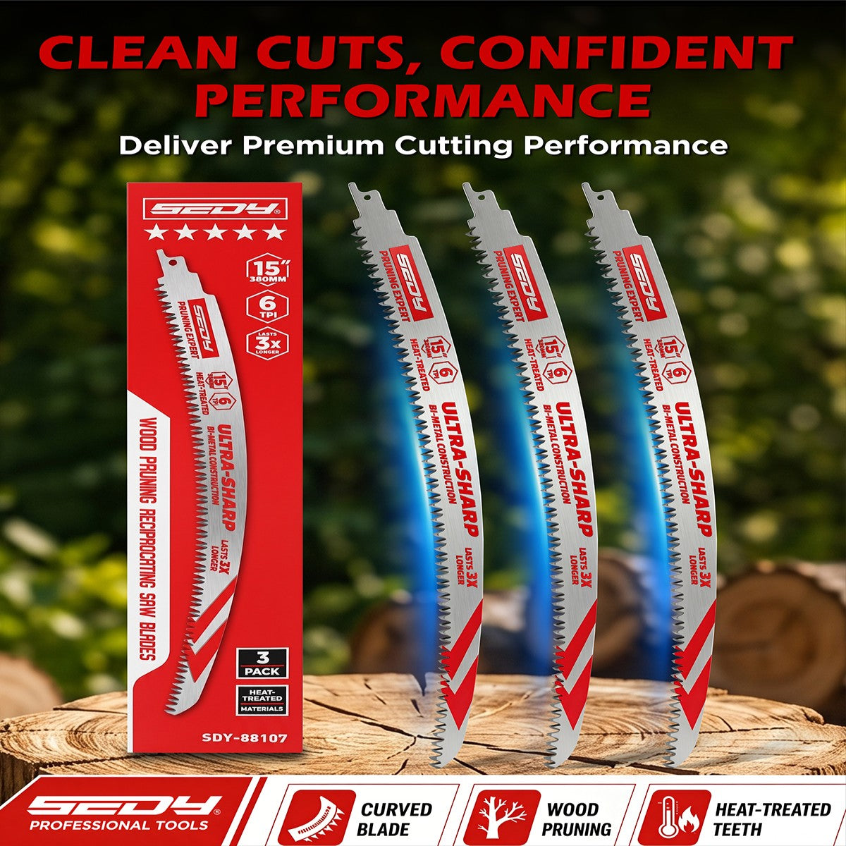 3-pack 15 inch 6 TPI curved pruning reciprocating saw blades for tree trimming, branches, green wood and wood cutting