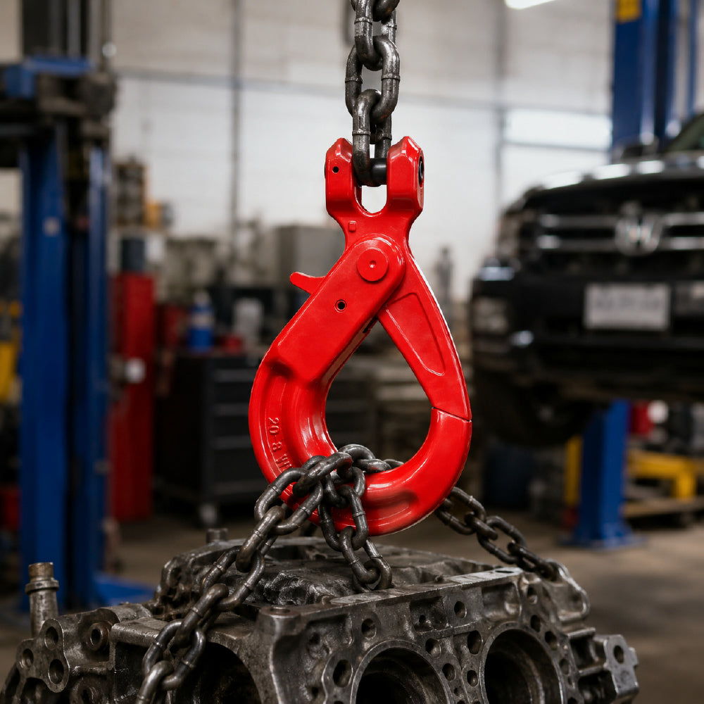 G80 clevis self-locking lifting hook with powder-coated finish and secure locking gate for chain rigging, hoisting and material handling