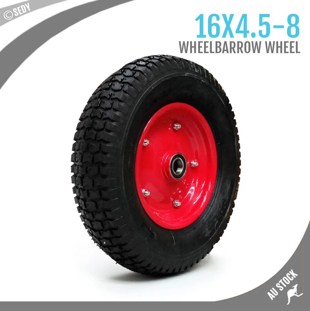 16 inch pneumatic wheelbarrow wheel with red steel hub and 20mm bore bearing, replacement tyre for carts, trolleys and barrows