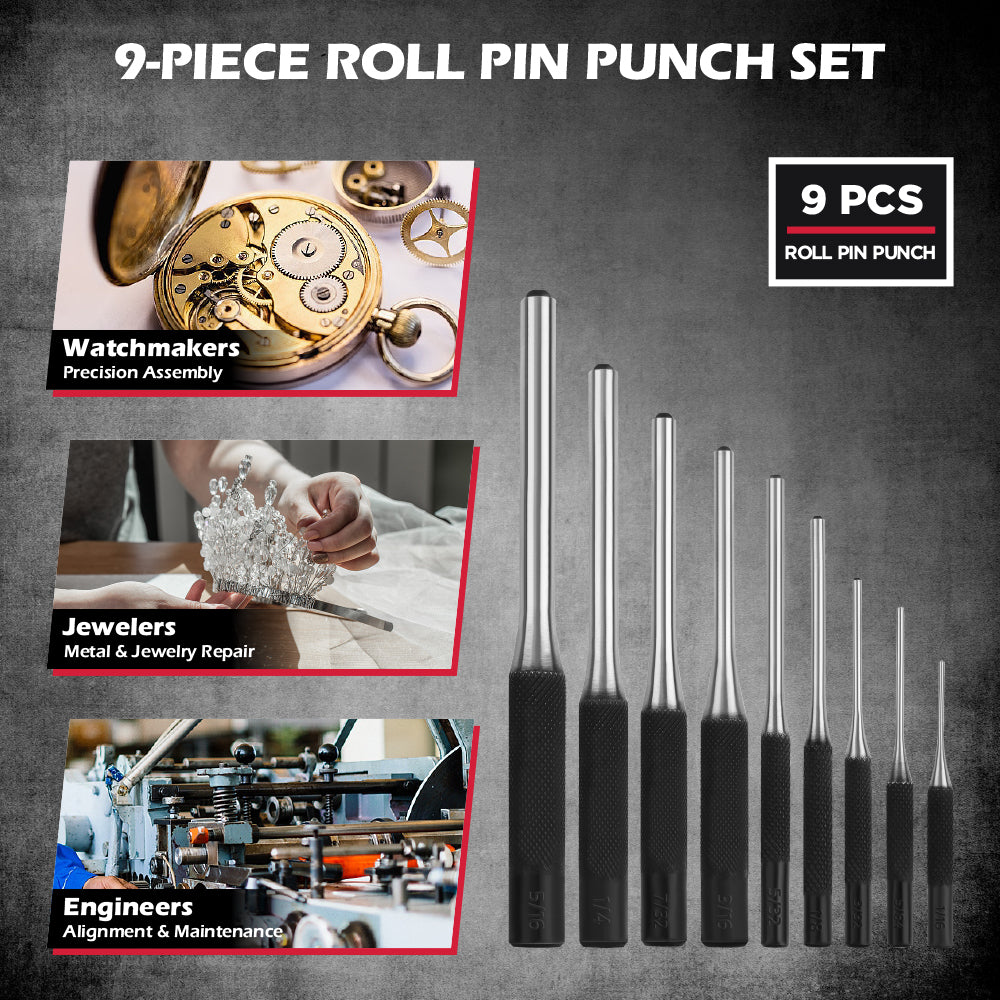 25-piece roll pin punch and punch and chisel set with CR-V steel tools, angle gauge, roll-up storage pouches and gift box