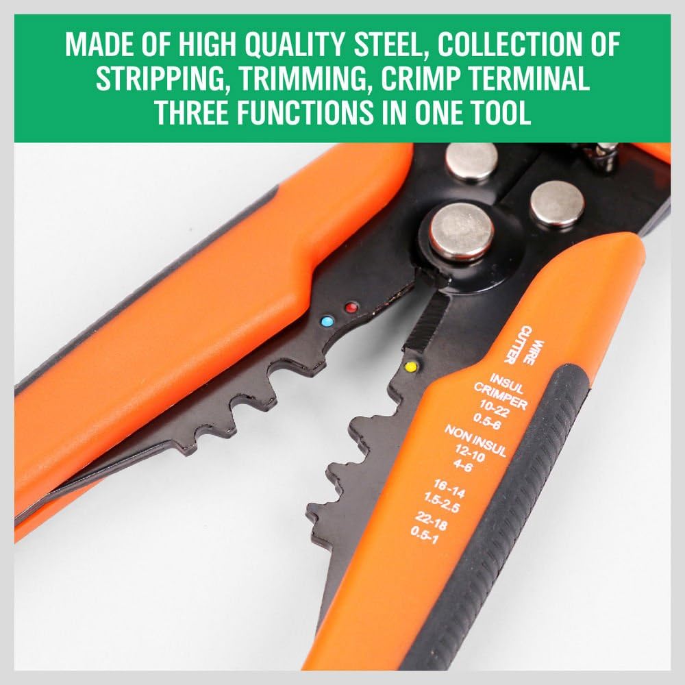 8 Inch 5-in-1 Automatic Wire Stripper with Self Adjusting Jaws, Wire Cutter, Terminal Crimper and Orange Non-Slip Handles