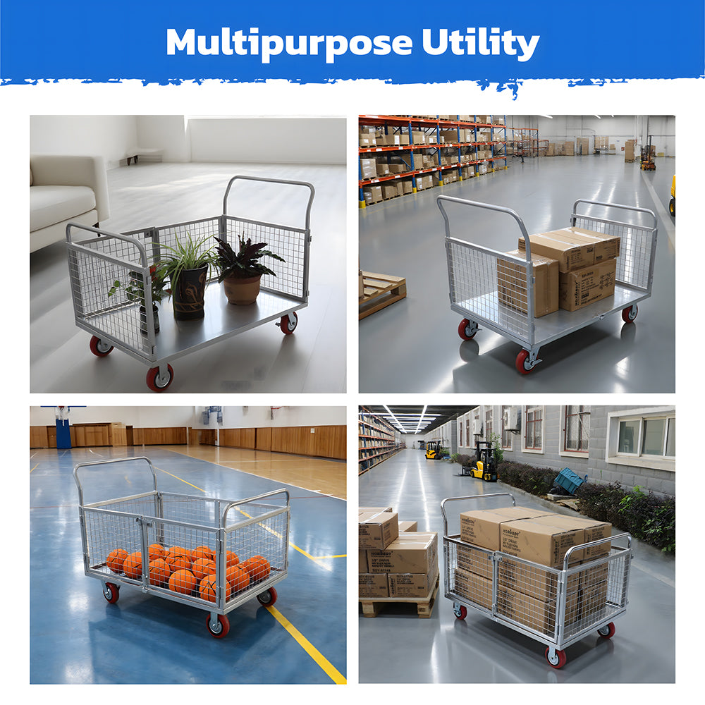 4-in-1 foldable blue caged platform trolley, 450kg load, heavy-duty steel cart with braked castors, flatbed warehouse and workshop cart AU