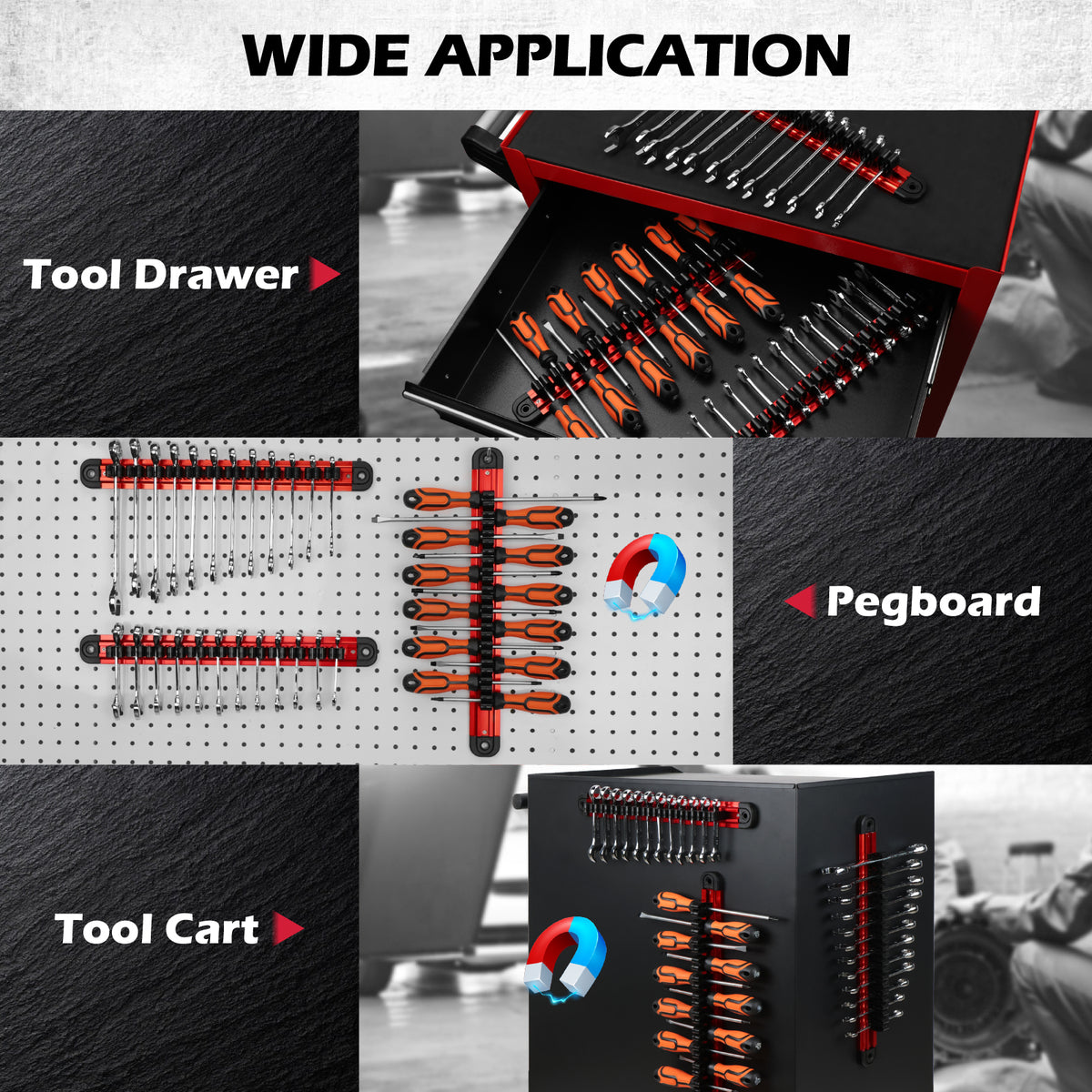 3-piece magnetic tool organizer with 42 adjustable clips, aluminum rails for wrenches, screwdrivers and tool storage