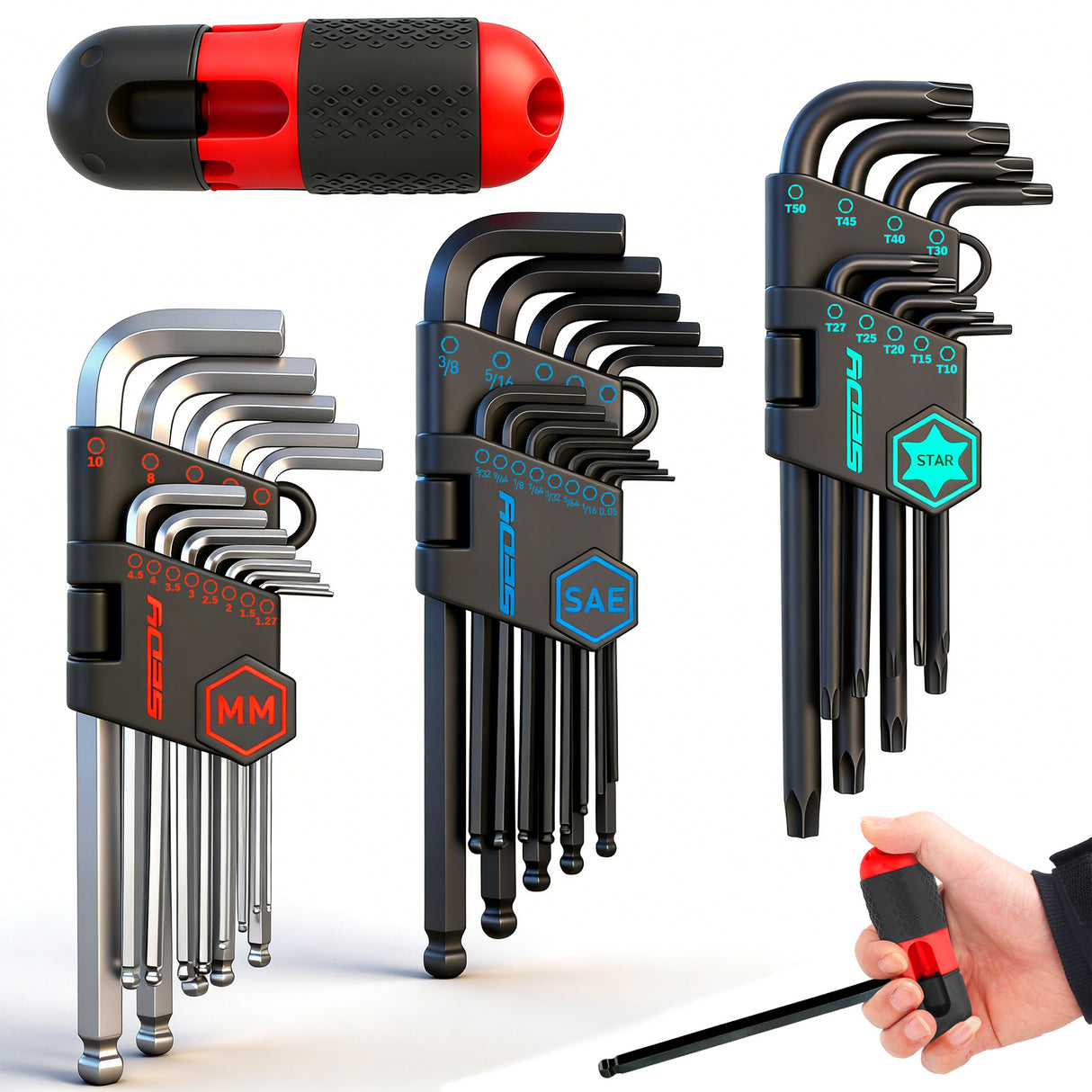 SEDY 36 piece long arm ball end hex key and torx star wrench set with SAE metric sizes, T handle and storage bag