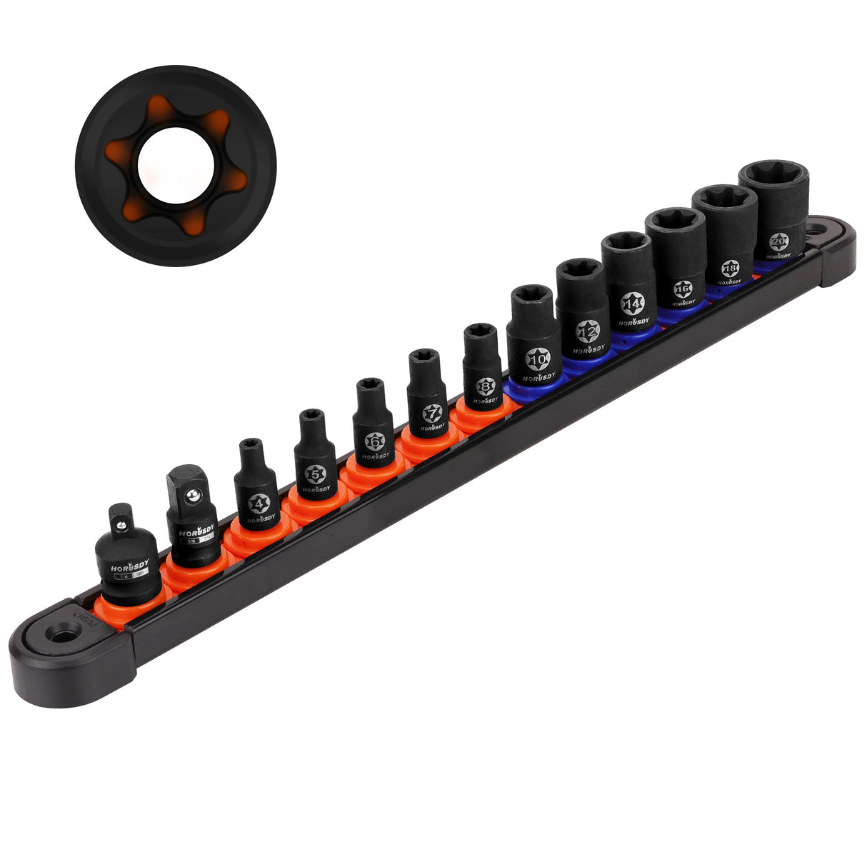 HORUSDY 13-piece female external star socket set with E4–E20 sizes, 2 drive adapters, durable CR-V steel construction and quick-release storage rack