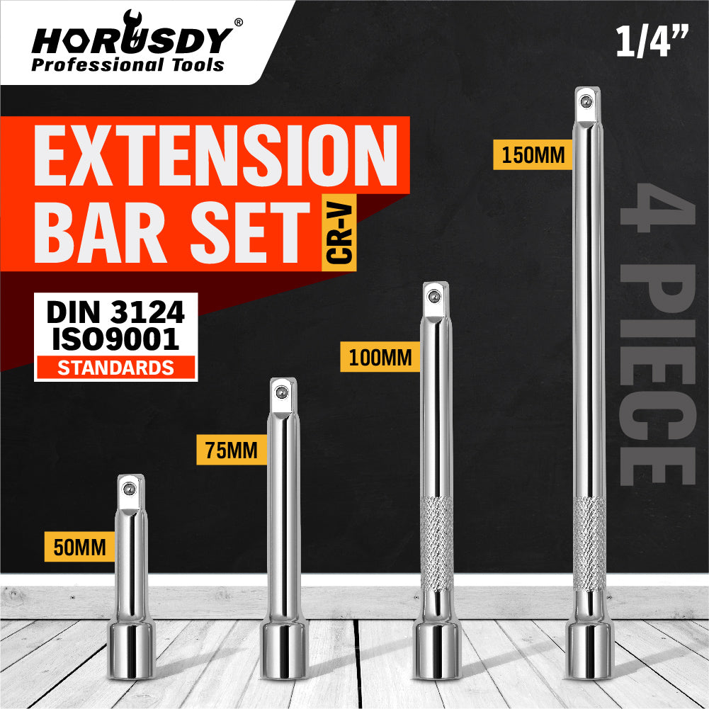 4-Piece 1/4 Inch Drive Socket Extension Bar Set, Chrome Vanadium Steel Ratchet Extensions in 50mm, 75mm, 100mm and 150mm with Spring Ball Detent