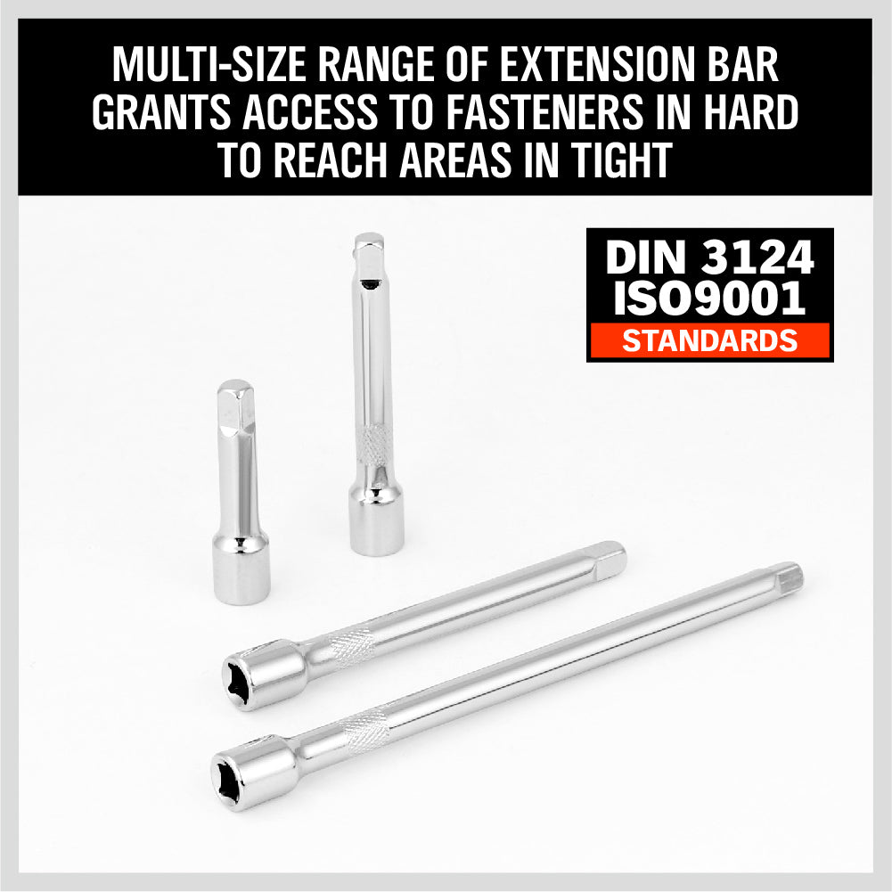 4-Piece 1/4 Inch Drive Socket Extension Bar Set, Chrome Vanadium Steel Ratchet Extensions in 50mm, 75mm, 100mm and 150mm with Spring Ball Detent