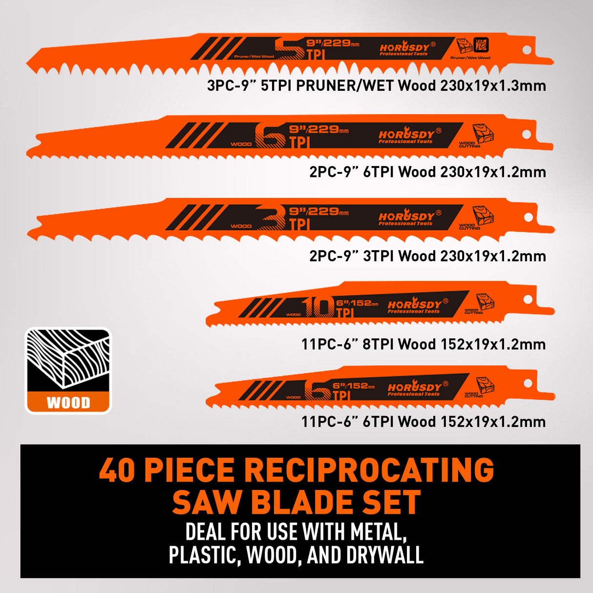 40 piece reciprocating saw blades set with organizer pouch for wood cutting, metal cutting, pruning, demolition and general purpose Sawzall applications