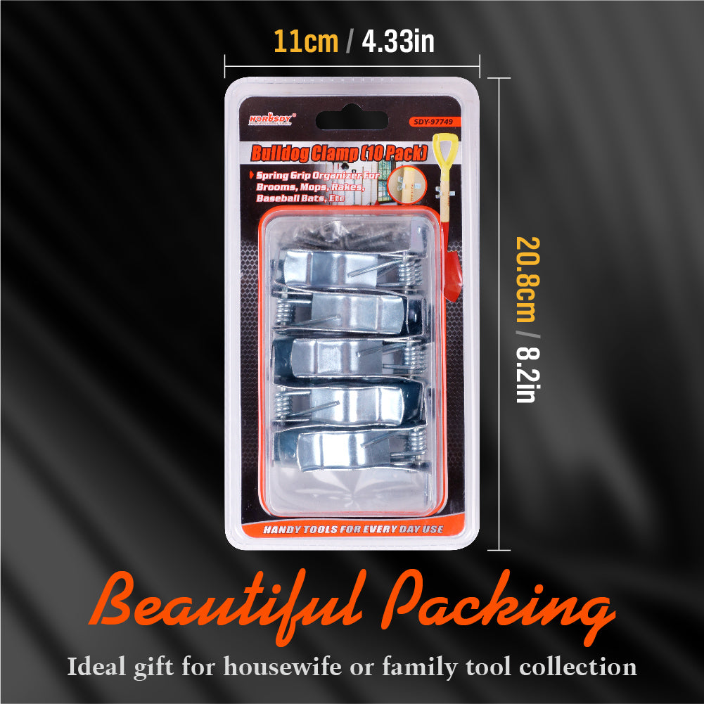 10 Pack Metal Bulldog Clamps, Spring Loaded Wall Mounted Broom and Mop Holder Clips for Garage and Garden Tool Storage