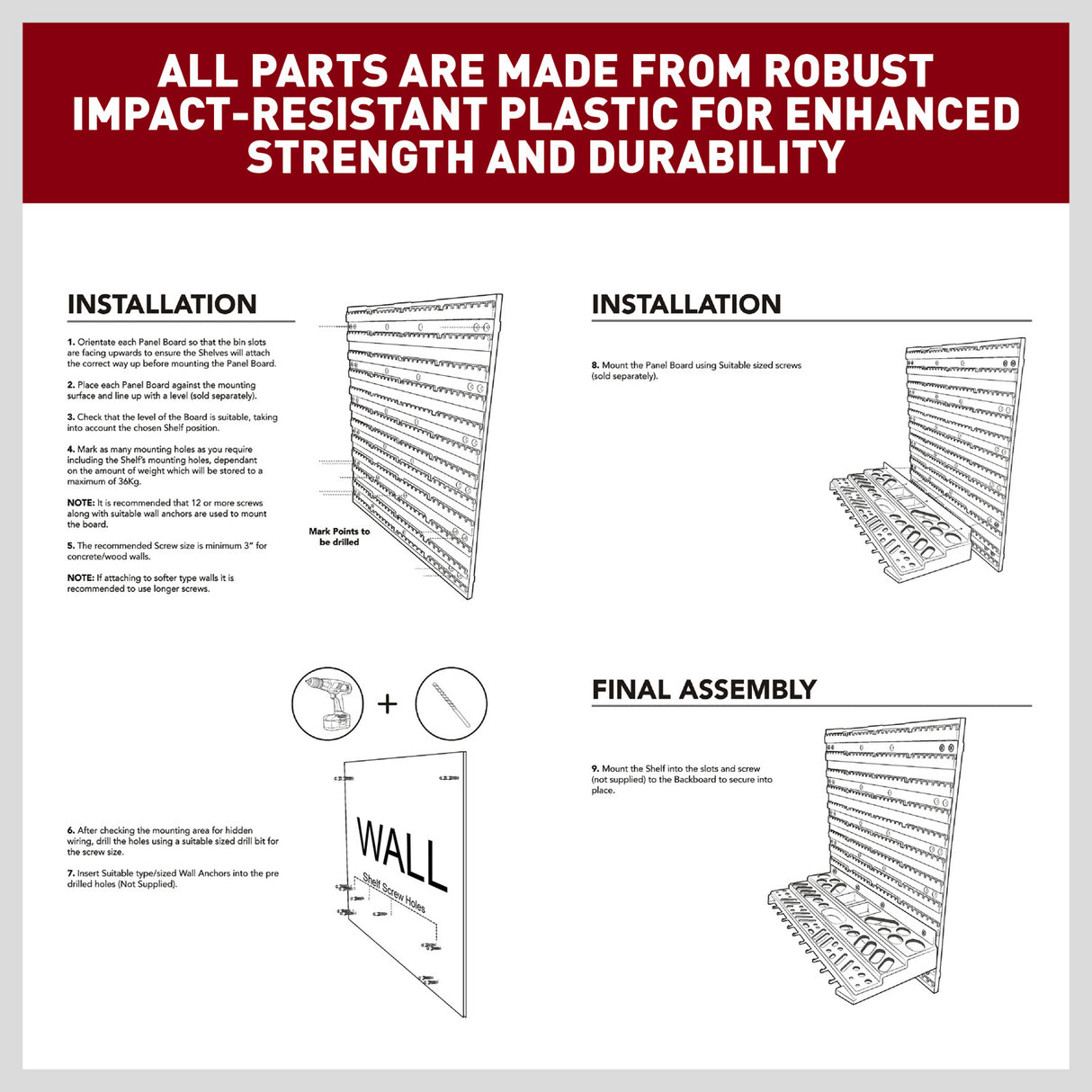 HORUSDY 52-piece wall mounted pegboard tool organizer with shelves and assorted hooks for garage and workshop storage