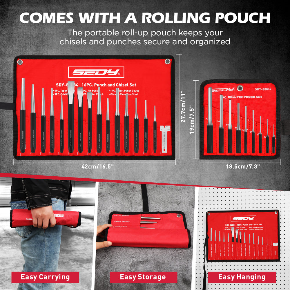 25-piece roll pin punch and punch and chisel set with CR-V steel tools, angle gauge, roll-up storage pouches and gift box