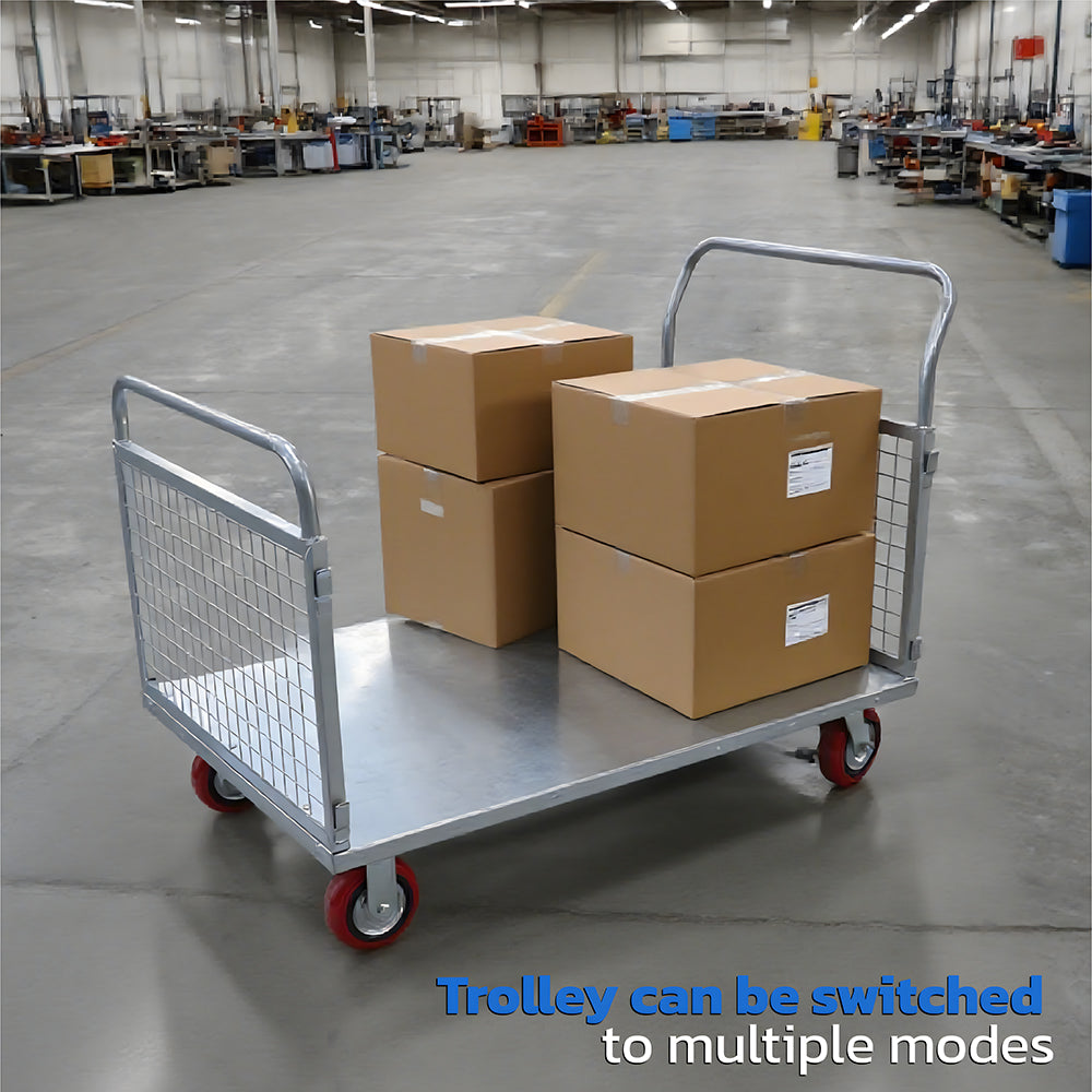 4-in-1 foldable blue caged platform trolley, 450kg load, heavy-duty steel cart with braked castors, flatbed warehouse and workshop cart AU