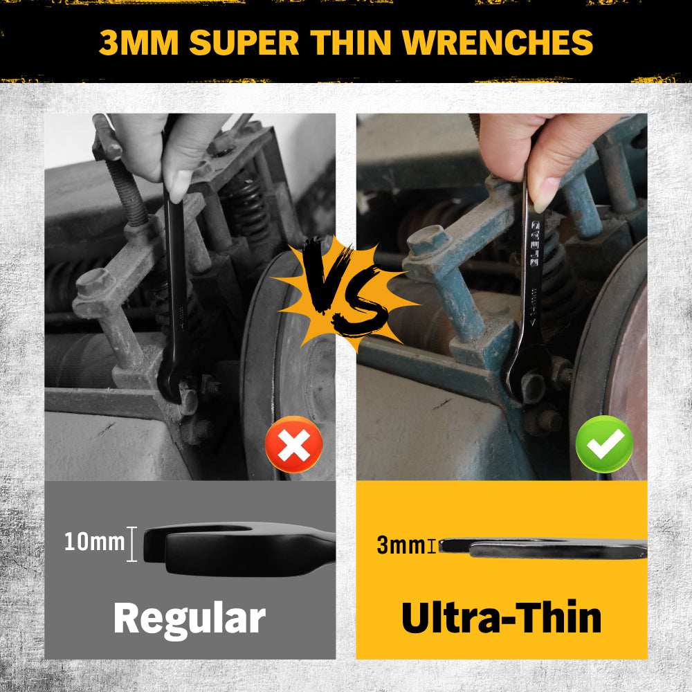19-piece super-thin open end wrench set with 3mm slim profile, SAE and metric sizes, chrome vanadium steel construction, four-point open ends, and rolling tool pouch