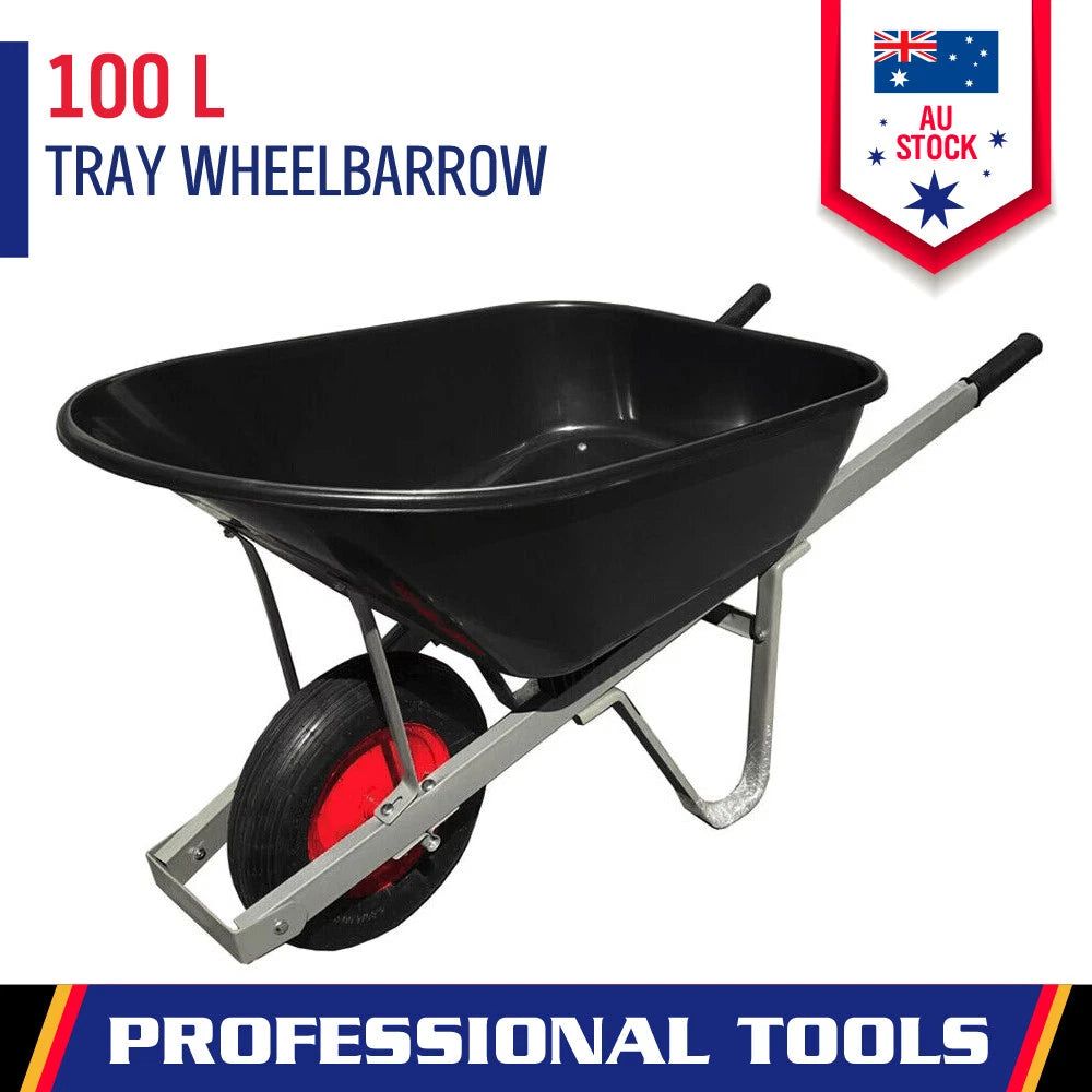 100 litre heavy-duty builders wheelbarrow with black tray, red steel wheel, and galvanised frame, ideal for garden, construction, and utility use