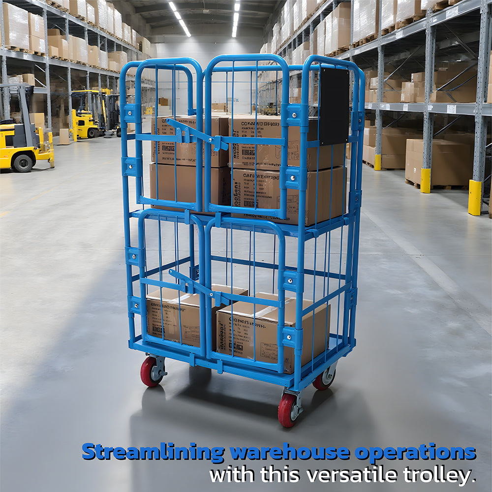 Heavy duty 4-door warehouse cage trolley with mesh panels, swivel wheels and brake function for logistics, storage and transport