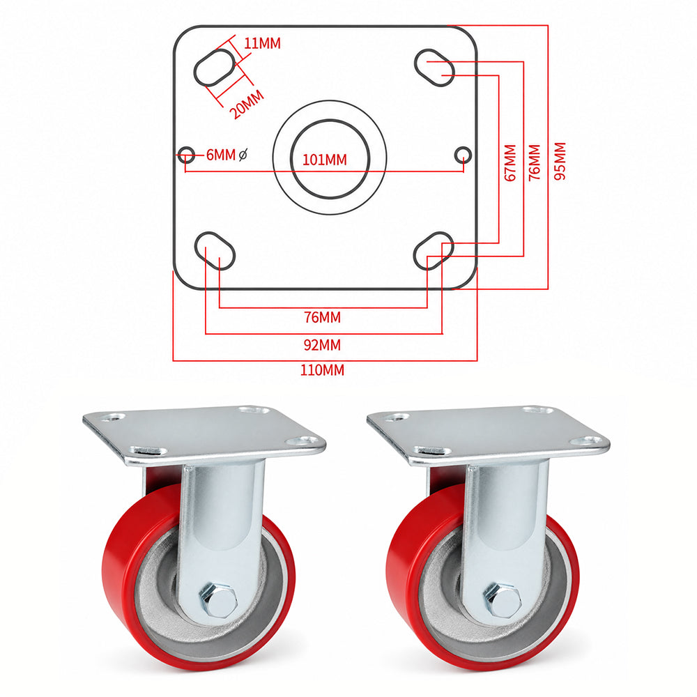 4 inch heavy duty fixed caster wheel with red PU iron core wheel, steel plate mount and 1500 lb per wheel load capacity