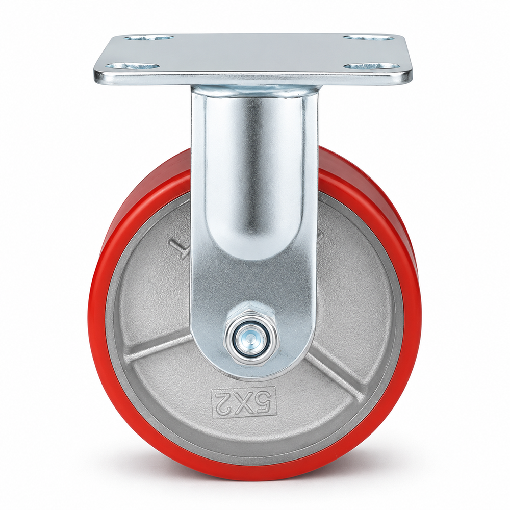 5 inch heavy duty fixed caster wheel with red PU iron core wheel, steel plate mount and 1500 lb load capacity