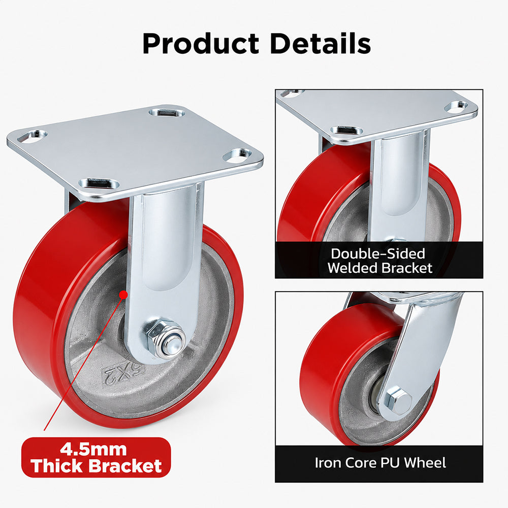 5 inch heavy duty fixed caster wheel with red PU iron core wheel, steel plate mount and 1500 lb load capacity