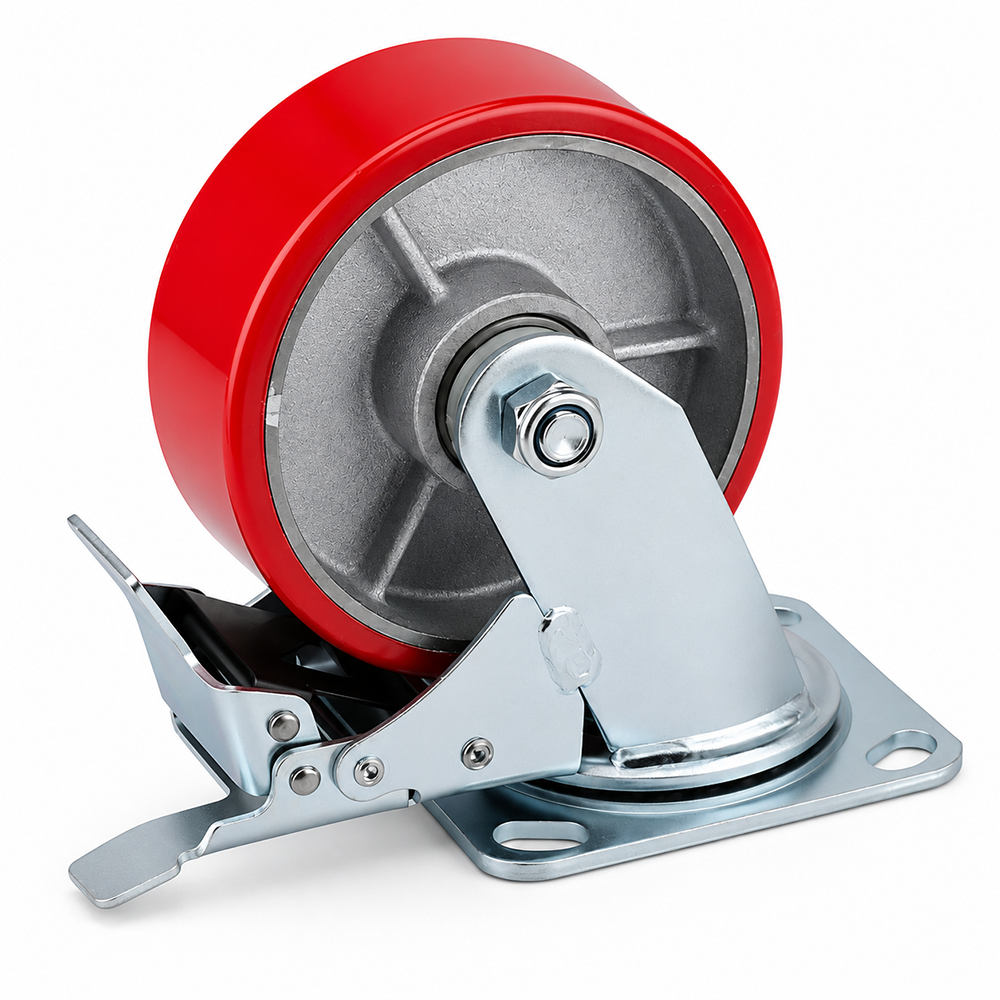 5 inch heavy duty swivel caster wheel with red PU iron core wheel, steel plate mount and brake or no-brake options