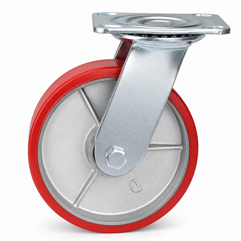 6 inch heavy duty swivel caster wheel with red PU iron core wheel, steel plate mount and brake or no-brake options