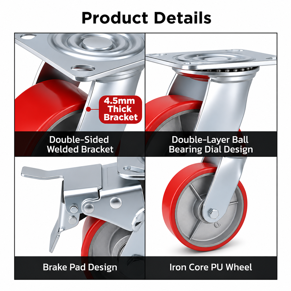 6 inch heavy duty swivel caster wheel with red PU iron core wheel, steel plate mount and brake or no-brake options