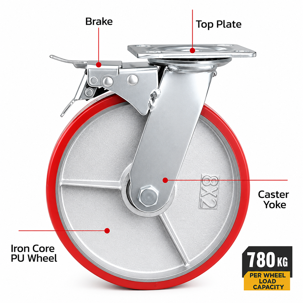 8 inch heavy duty swivel caster wheel with red PU iron core wheel, steel plate mount and brake or no-brake options